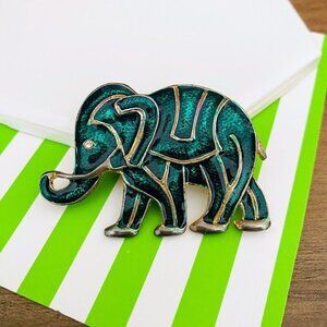 Vintage Enamel Elephant Brooch Pin Green and Gold Tone